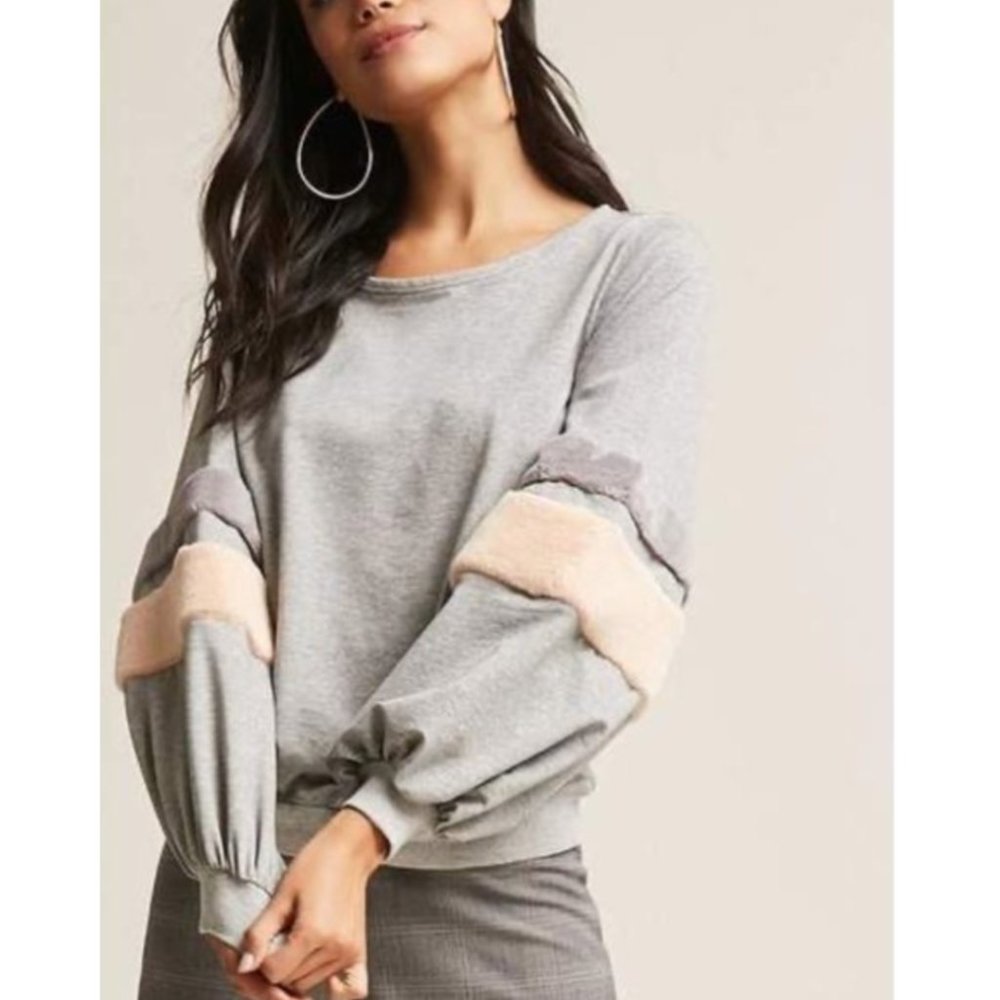 Forever 21 Stand Gray Balloon Sleeve Top sz S